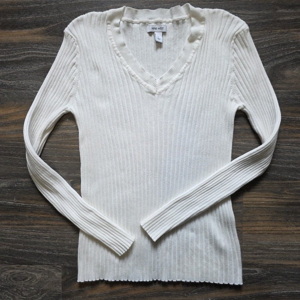 Nine West White Ribbed Knit V-Neck Long Sleeve Sweater Size L